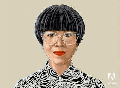 Illustration of a woman with a trendy haircut, bright red lipstick, and clear plastic frames.