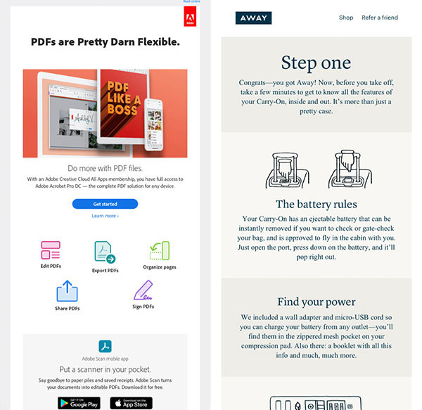 Emails from Adobe and Away with tips for how to use products.