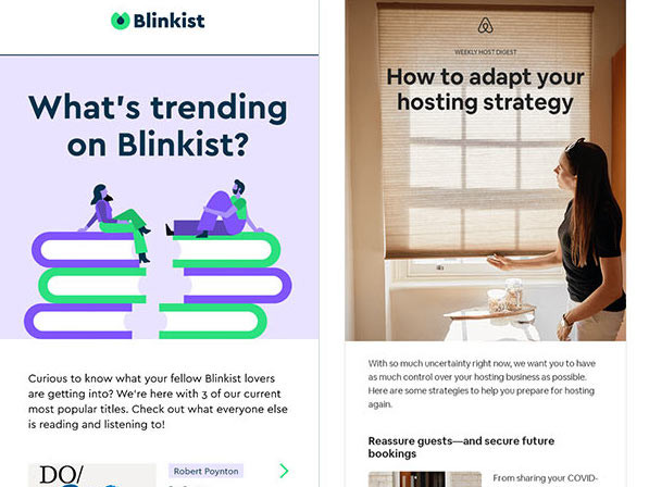 Single-topic email newsletters from Blinkist and AirBnB.
