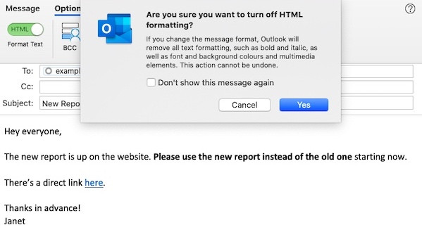 Screenshot of email draft in Outlook with option to disable HTML for plain text..