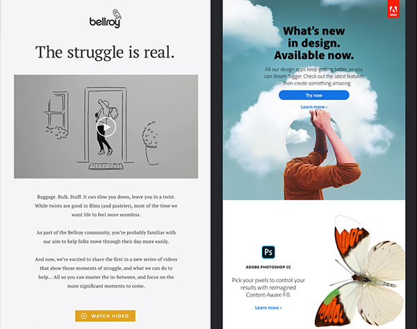 HTML-rich email examples from Bellroy and Adobe Creative Cloud.