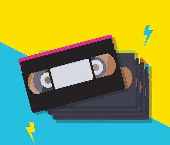 an illustrated image of video tapes over a two tiered yellow and teal background.