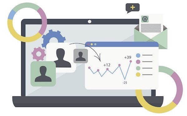 an illustrated image of a computer with collaborators, graphs, emails and arrows.