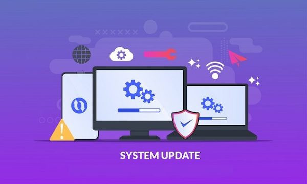An illustrated image of technology with system updates and icons of wifi, search, arrows all over a purple background