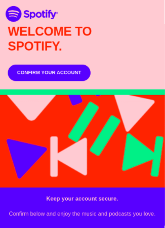 Email confirmation from Spotify with bright pink, purple, green and red colors.