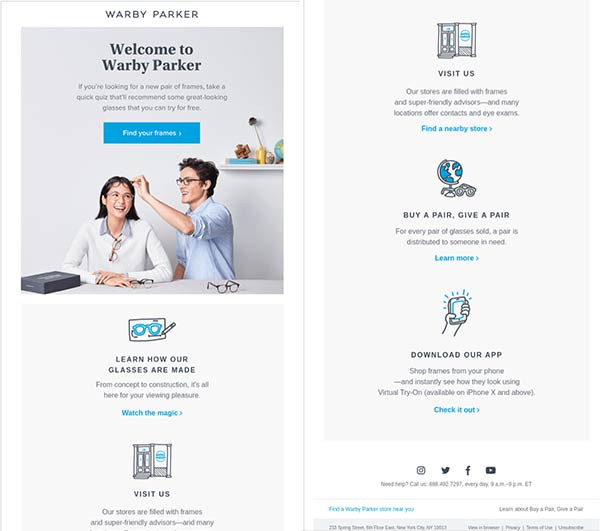 Screenshot of welcome email from Warby Parker.