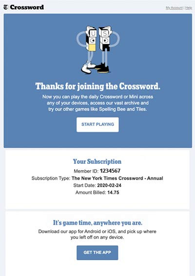 Screenshot of the New York Times' crossword subscription's welcome email.