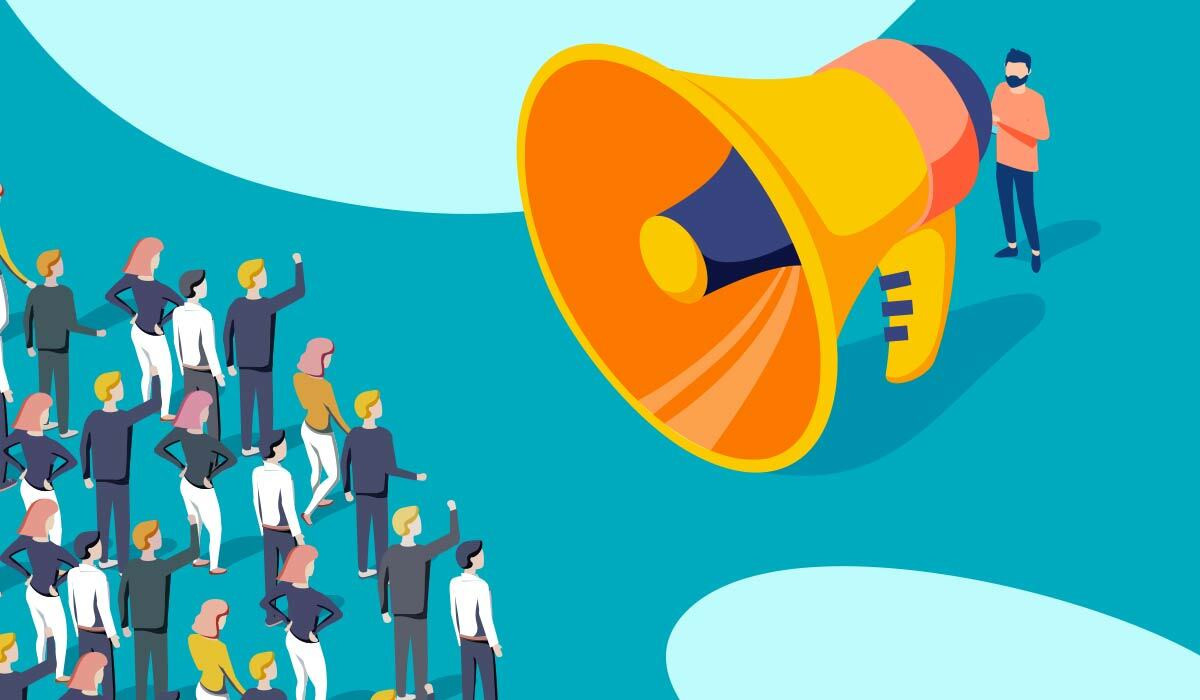 A megaphone speaking to people.