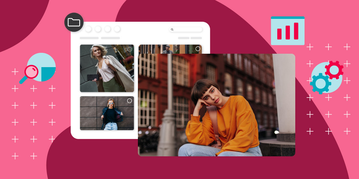 An image of a dam image library with images of models one image is in the forefront of a woman in an orange sweater icons of search bars, gears and data float all over a red background