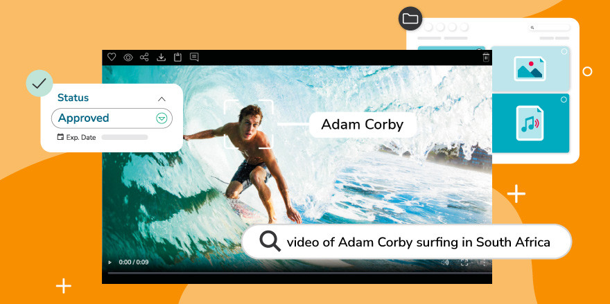 An image of a guy surfing with a search bar that reads "video of adam Corby surfing in South Africa" with an approved asset status over an orange background