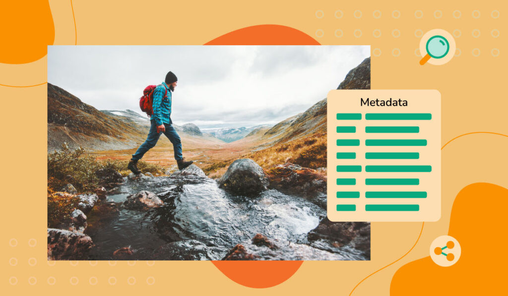 An image of a hiker walking over a river with an illustrated text block with the images metadata. Little icons of dat and magnifying glass float around all over an orange background