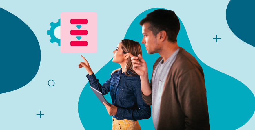 An image of two people pointing up to a DAM workflow icon all over a blue background