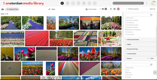 I Am Amsterdam's media library filled with images of flowers, tulips, and fields with the search filter view.