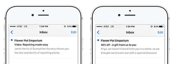 Subject lines for video and discount emails on phone screens.