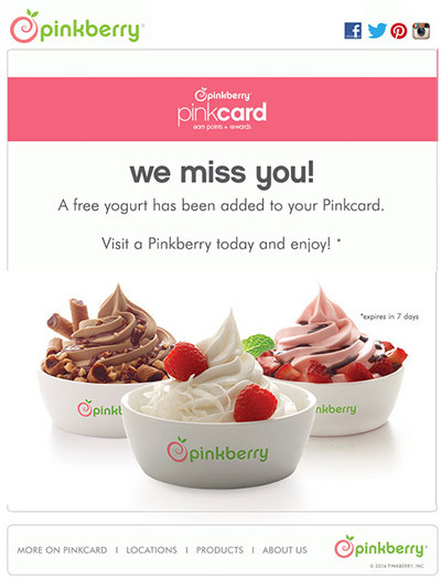 Screenshot of a Pinkberry re-engagement email.
