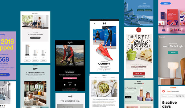 Collage of glossy, HTML-heavy email designs from major brands.