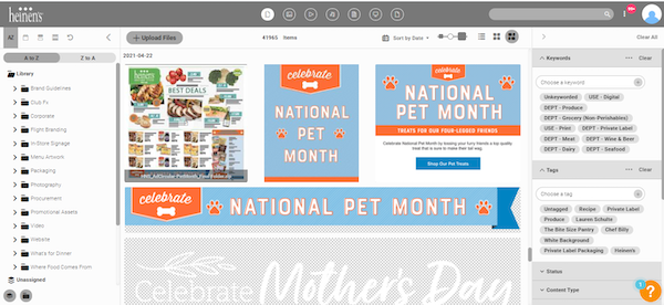 Heinen's digital asset library with the filter search bar opened on the right side of the screen using keywords to find assets using the filtered search and images of celebrations for national pet month over a blue and orange banner