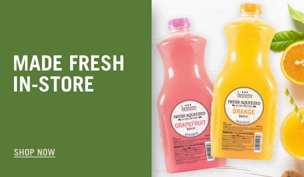 A split image with the left side including text that reads" Made fresh in store - shop now" over a green background, and the right side image showing two of Heinens fresh squeezed orange and grapfruit juice jugs