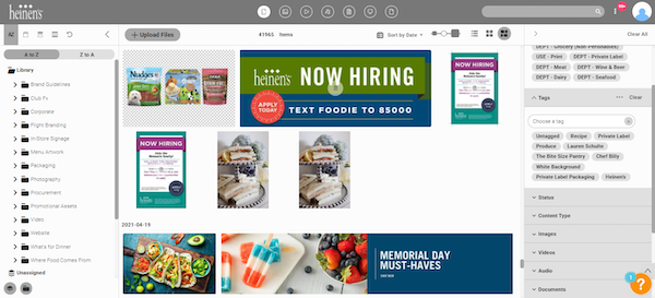 Heinen's digital asset library with the filter search bar opened on the right side of the screen using keywords to find assets using the filtered search and images of "now hiring" advertising and memorial day advertising