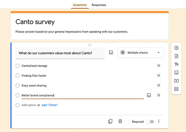Screenshot of a survey called Canto survey in the Google Forms editor.