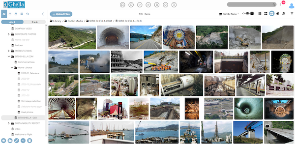 Ghella's digital asset mangement library, with the folder view on the left side of the screen open with images/assests different constrution or buliding locations