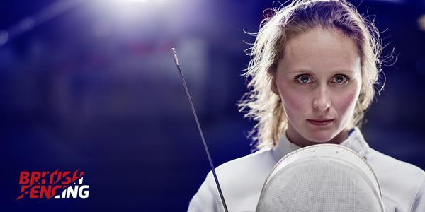 Logo for British Fencing in lower left corner and an image of a woman in fencing gear, helmet off staring directly at camera over a dark blue/navy background