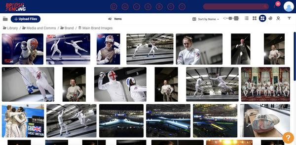British Fencing's digital asset management library with images of people fencing and fencing arenas