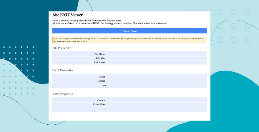 Screenshot of ABC EXIF Viewer over a blue background.