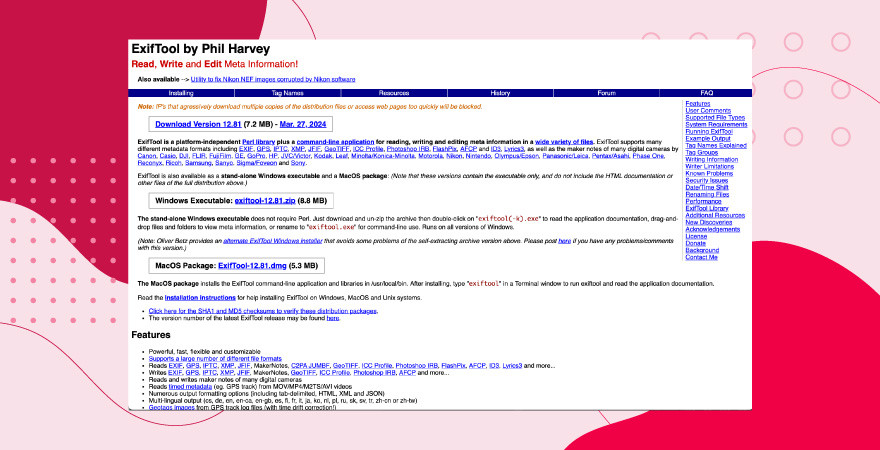 Screenshot of ExifTool metadata viewer tool over a red background.