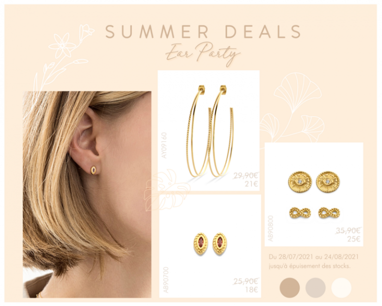 Victoria Jewelery 'ear party' image grouping, gold earrings: pair of hoops, and interesting stud pieces with gems or in a figure 8 shape. All over a peach colored background