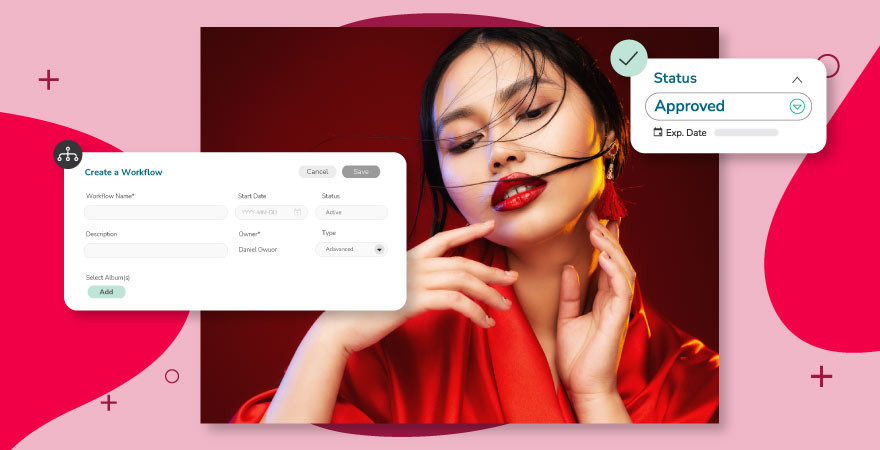 An image showing a woman with red lipstick and a red outfit alongside user interface elements for creating a workflow and indicating status approval over a red background.