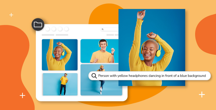 Woman with headphones on a blue background with text that reads "Person with yellow headphones dancing in front of a blue background" from an image library over an orange background.
