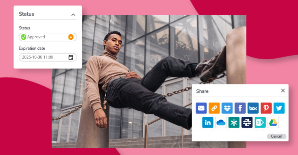 Fashion lifestyle image with Canto approval and sharing features.