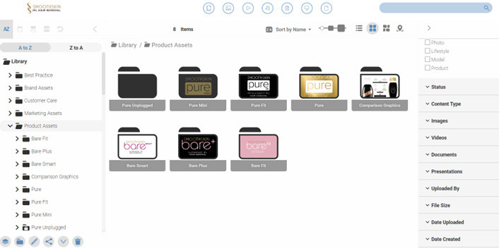 Folders containing product images in SmoothSkin's Canto library.