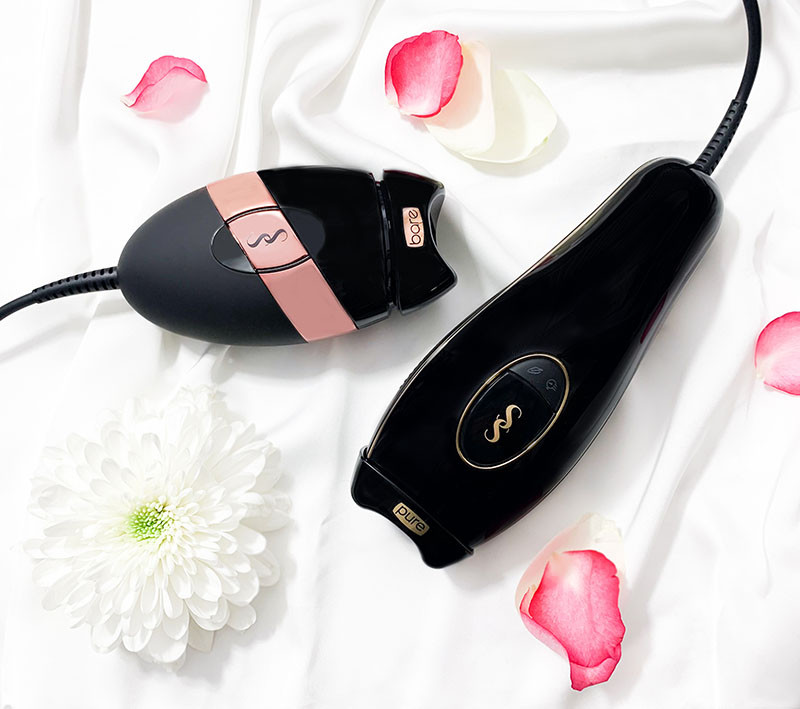 SmootSkin IPL products on a white cloth with flower pedals.