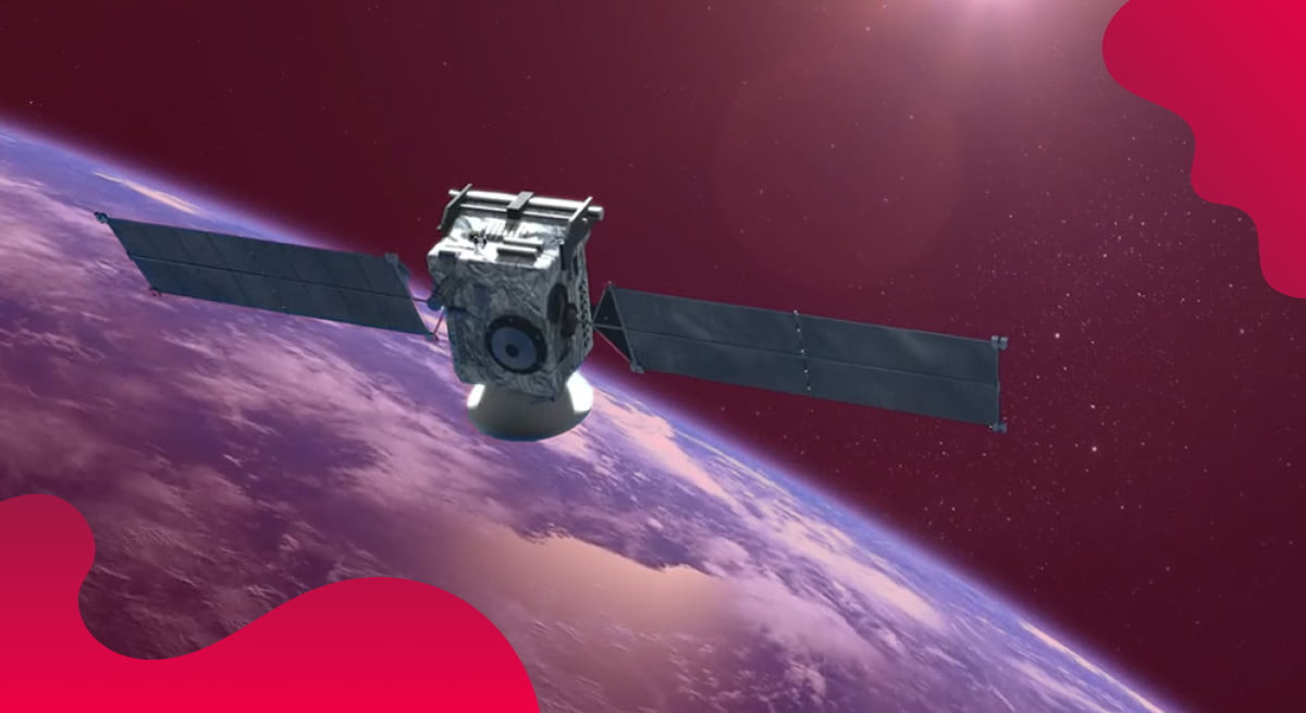 Swedish Space Corporation header image in red of satellite hovering around Earth.