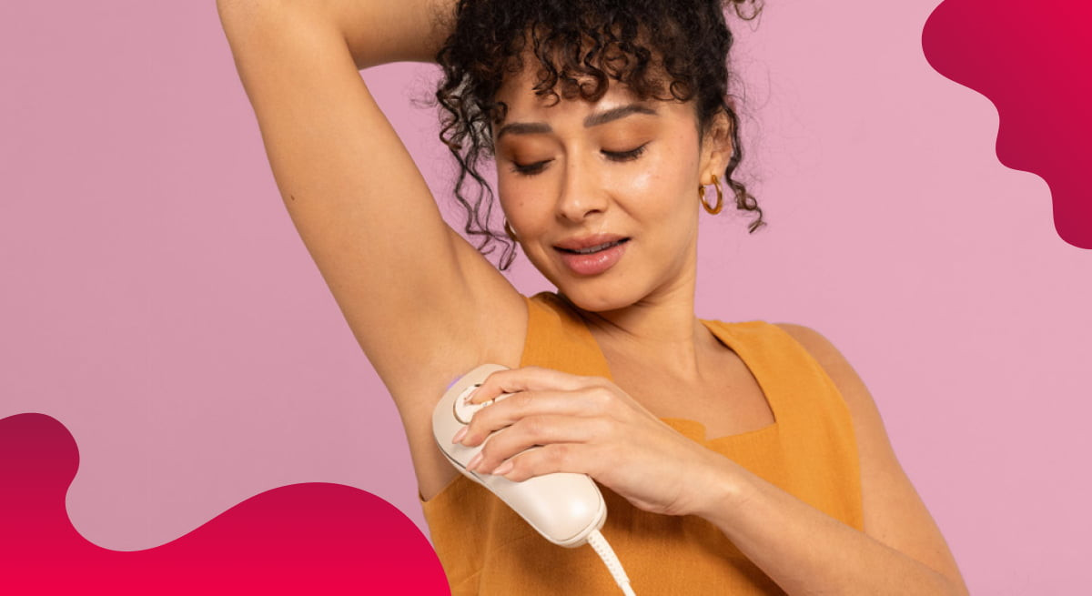 Woman using SmoothSkin product against red background