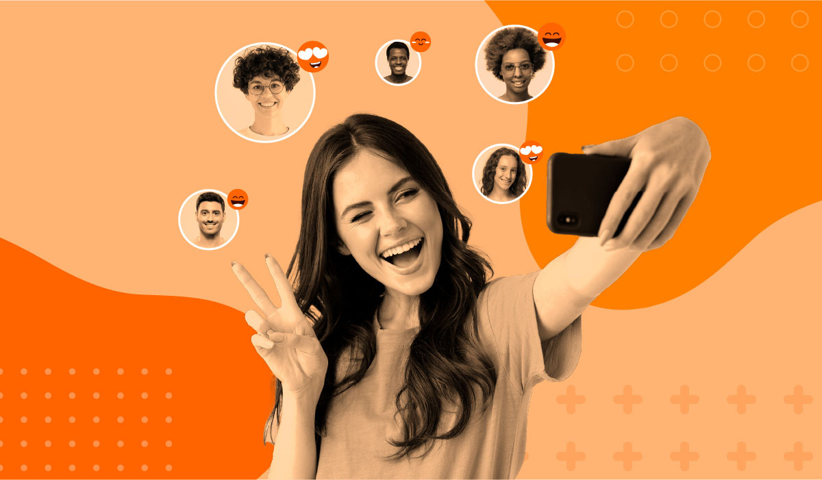 Influencer marketing to her followers. She is hold up a peace sign and winking while bubbles of different followers are popping off of a phone she is holding and taking a video of herself. There are hearts and emojis coming off of the bubbles. Al overtop of a vibrant orange background.