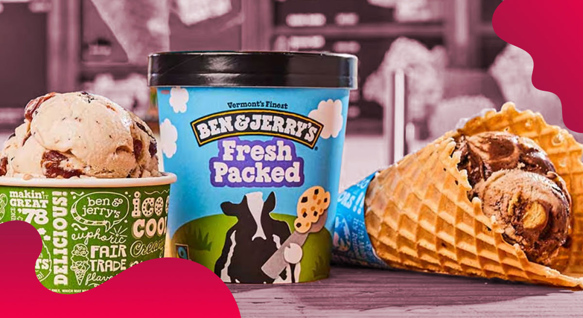 Ben & Jerry's header image in red of Fresh Packed ice cream pint