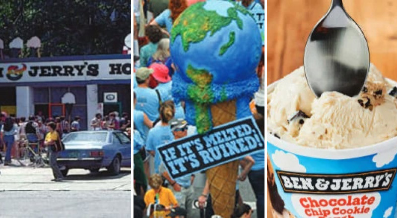 A three panel image of ben and jerrys packed store front, another image of an environmental march with an earth ice cream float and sign that reads "if its melted its ruined" and an image of a spoon in cookie dough icecream