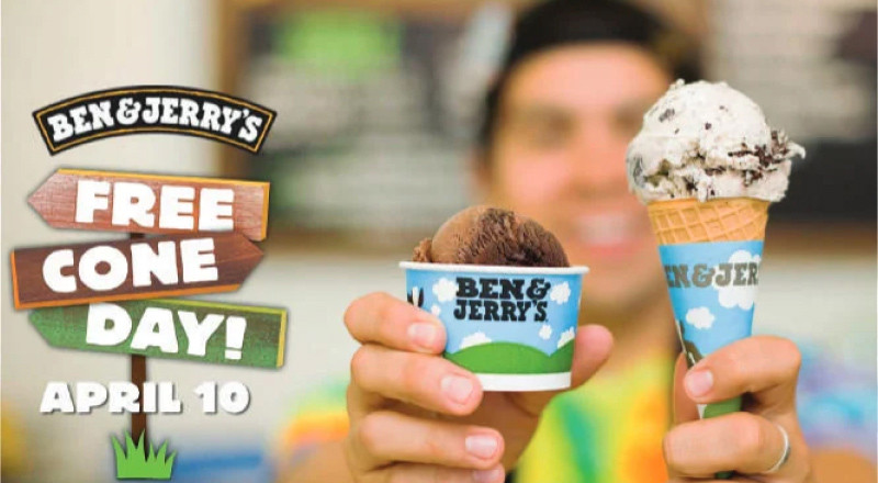 an image of ben and jerrys logo along with a ad for "free cone day" on April 10th with two hands holding a cup and cone of icecream with the company logo all over a blurred background