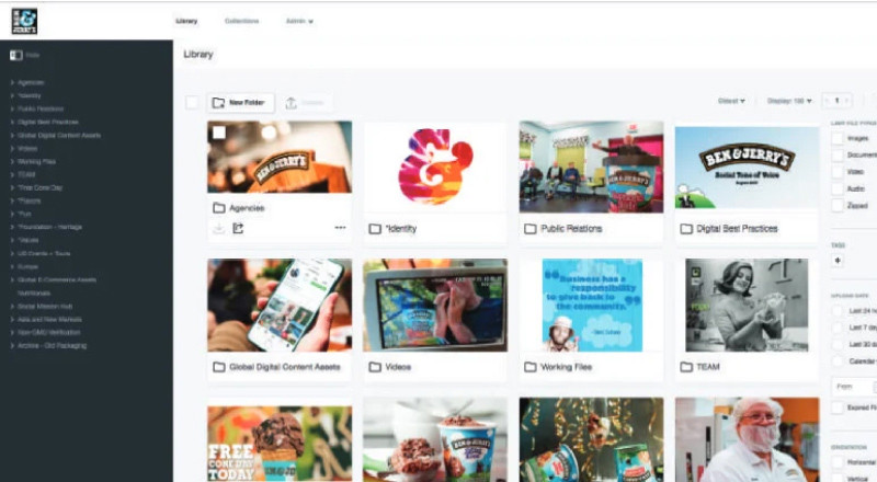An image of digital asset library with folder view visible and images of ben and jerry ads of people and ice cream products containing the ben and Jerrys logo