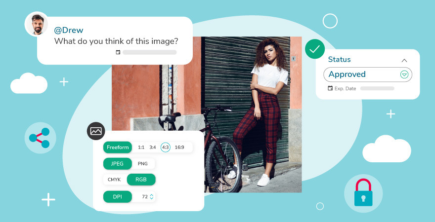 On a blue background, a photo of a woman next to a bike is shown; around it are elements representing functions of a DAM system like comments, crop and resize and approval status.