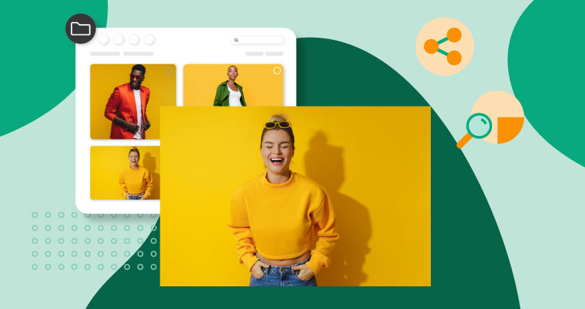 A model wearing yellow over a yellow background with a dam system and icons of sharing and search bars float around all over a green background.