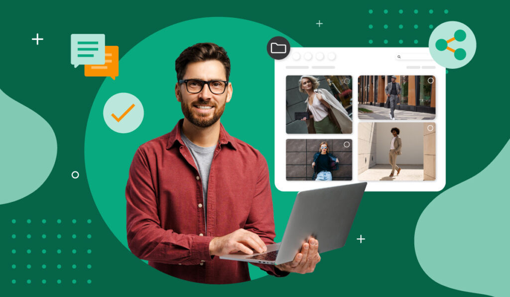 Man with glasses and red shirt holding laptop with a dam system behind him along with icons of check marks, comments and sharing float around a green background.