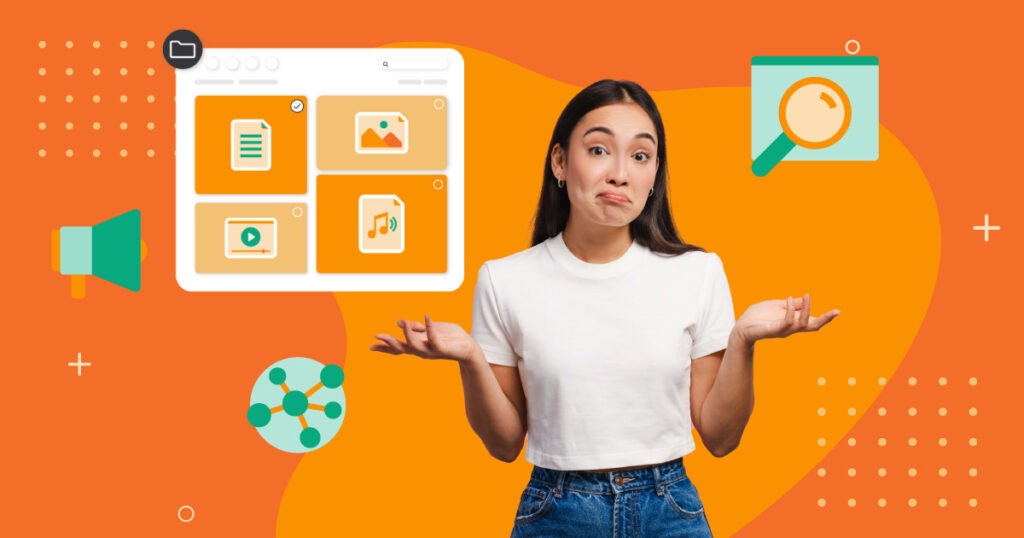 A confused woman in a white shirt with a DAM system and icons of magnifying glass, sharing and megaphones float around an orange background.