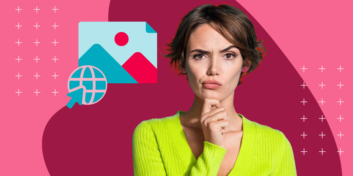 Woman with thoughtful expression on pink background with a browser icon and image icon