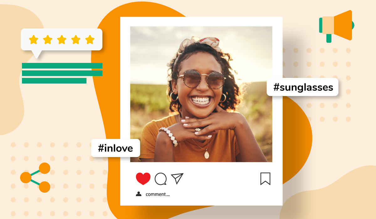 A photograph of a laughing woman with sunglasses used as a social media item, along with hashtags and a 5 star rating.