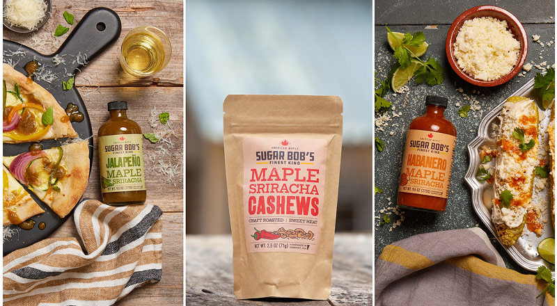 a three panel image, the first image is the Sugar Bobs jalapeno maple siracha next to a skillet with a pita pizza on it over a wood table and cloth, the second image is a bag of the Sugar Bob's maple siracha cashews and the last image is the habanero maple siracha next to a silver plater of corn over a wood table and cloth and cojita cheese above