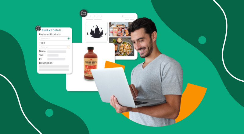 A man on his computer looking at the product details of Sugar Bob's sauce over a green background